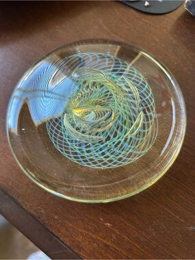 Art Glass paperweight  in Yellow-Green with Iridescent Spiral signed 5”